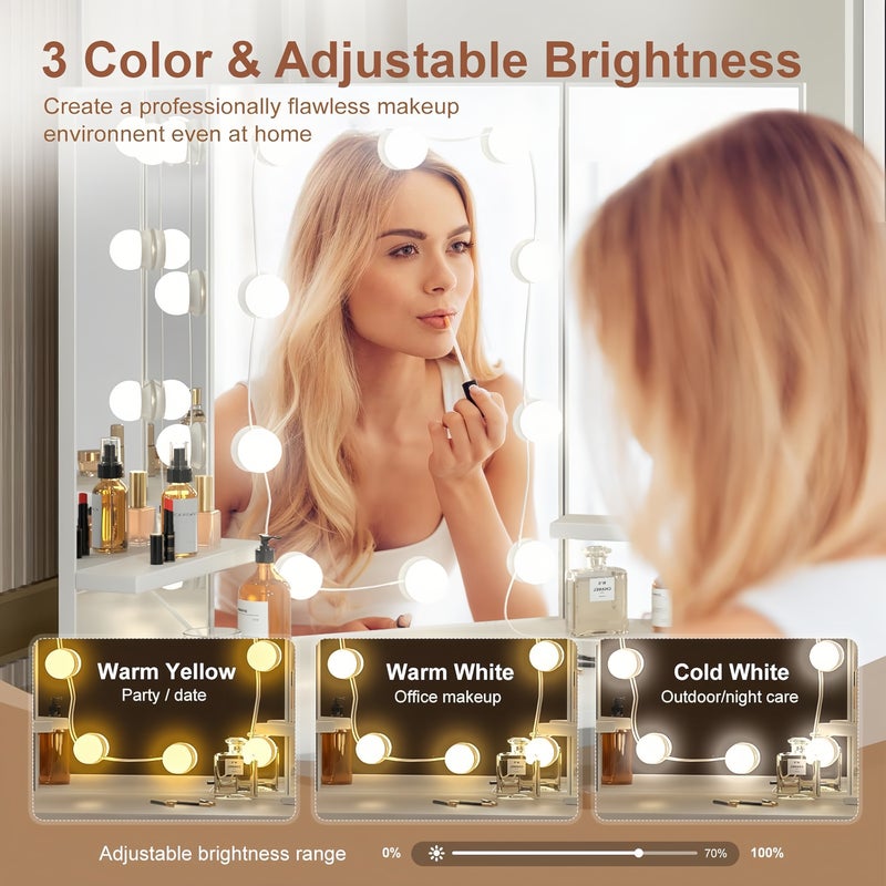 Sharpdo Bedroom Dressing Table and Stool Set, With 3 Mirrors and LED 3-Color Lighting - Image 4